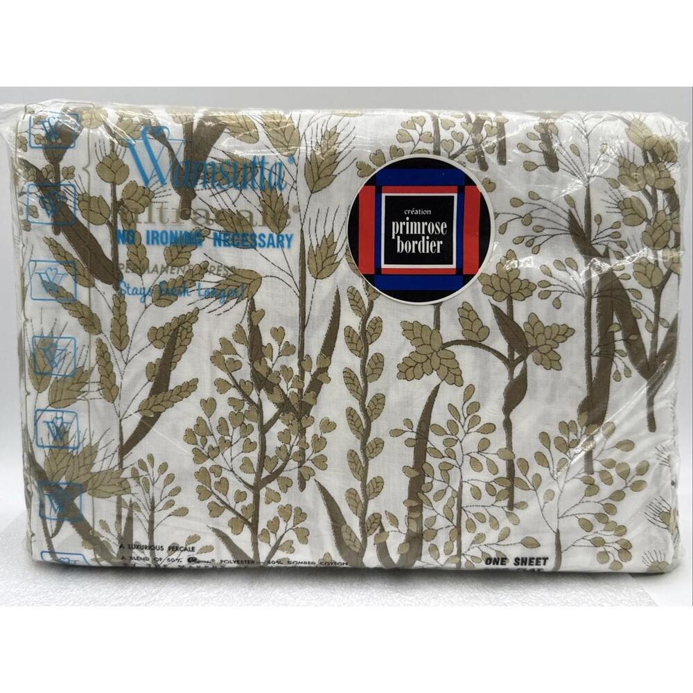 Vintage Wamsutta King Flat Sheet Primrose Bordier Trees Wheat Hearts Percale